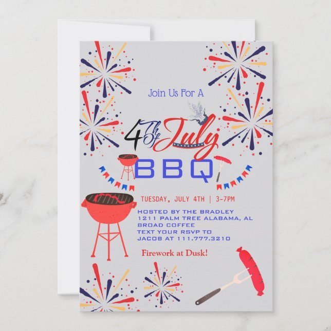Invitación BBQ rojo blanco y azul fuego de 4 de julio Fiesta (Anverso)