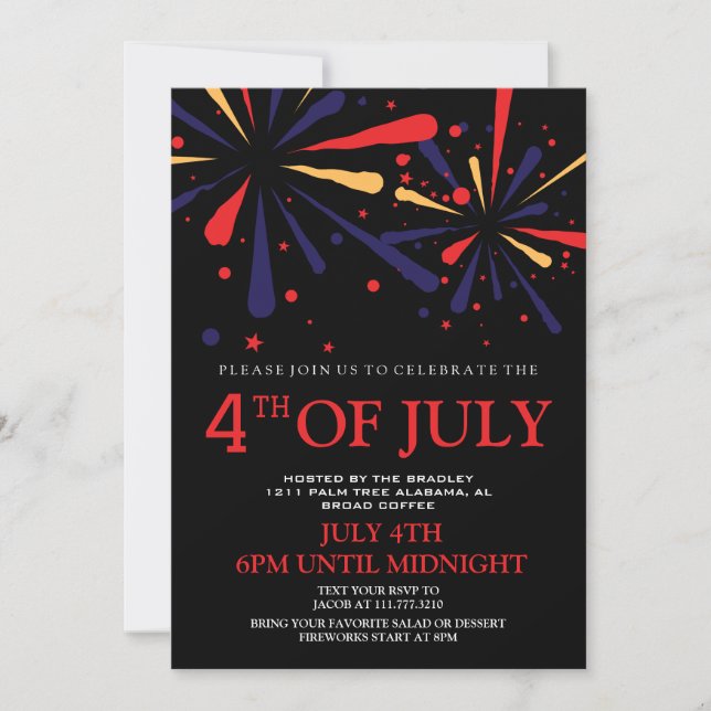 Invitación BBQ rojo blanco y azul fuego de 4 de julio Fiesta (Anverso)