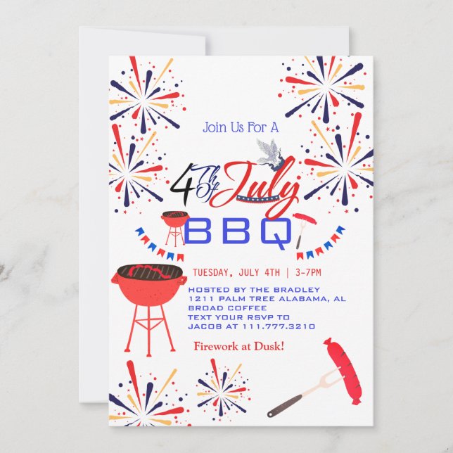 Invitación BBQ rojo blanco y azul fuego de 4 de julio Fiesta (Anverso)