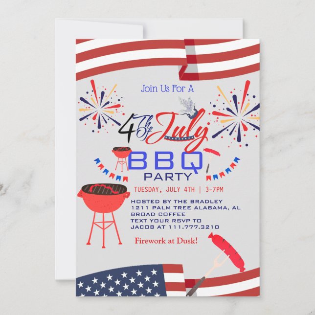 Invitación BBQ rojo blanco y azul fuego de 4 de julio Fiesta (Anverso)