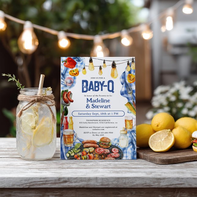 Invitación BBQ Rusa Verano Blue Plaid Baby-Q Shower (Rustic BBQ Summer Blue Plaid Baby-Q Shower Invitation)