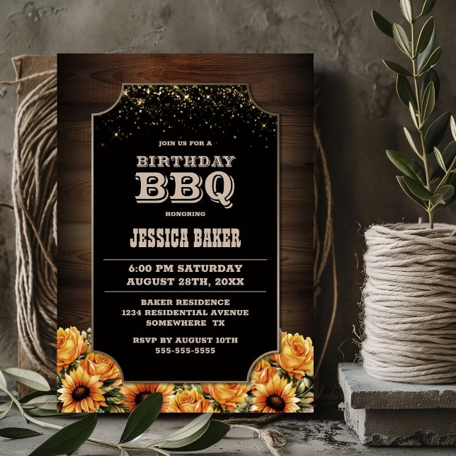 Invitación BBQ Rustic Wood Floral Birthday (Subido por el creador)