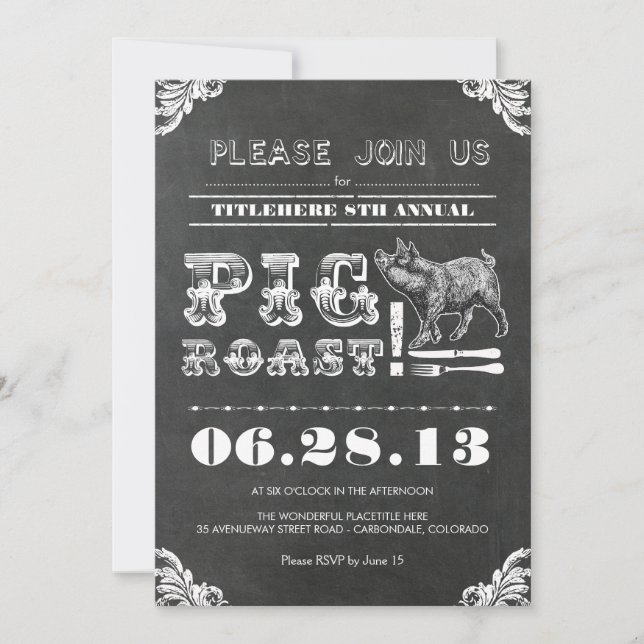 INVITACIÓN BBQ - RÚSTICO DE PIG ROAST CHALKBOARD ANUAL (Anverso)