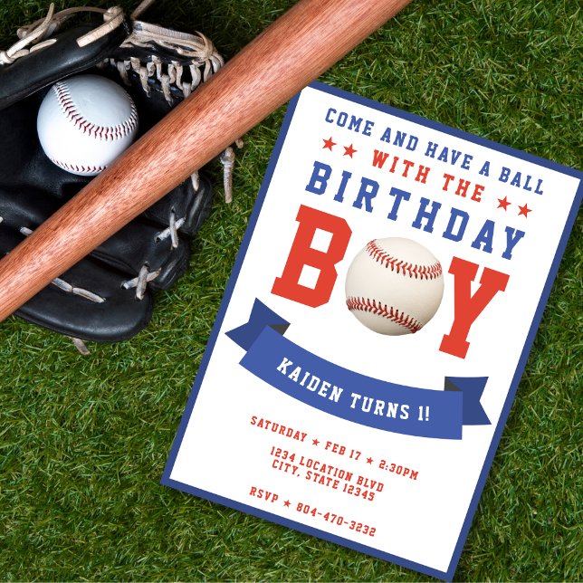 Invitación Bday Boy, Fiesta de cumpleaños 1 (Baseball Bday Boy 1st Birthday Party Invitation)