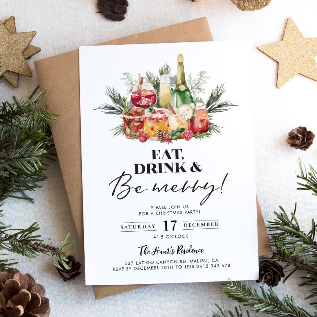 Invitación Be Merry Christmas Drinks Party Invitation (Eat, Drink & Be Merry - Christmas Party Invitation)