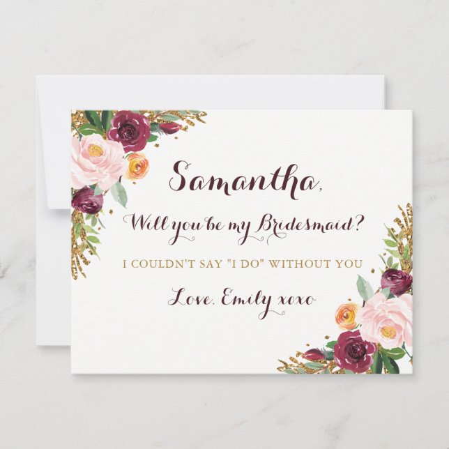 Invitación Be My Bridesmaid Card Burgundy Gold Floral Purpuri (Anverso)