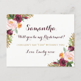 Invitación Be My Bridesmaid Card Burgundy Gold Floral Purpuri