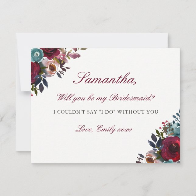 Invitación Be My Bridesmaid Card Burgundy Watercolor Floral (Anverso)