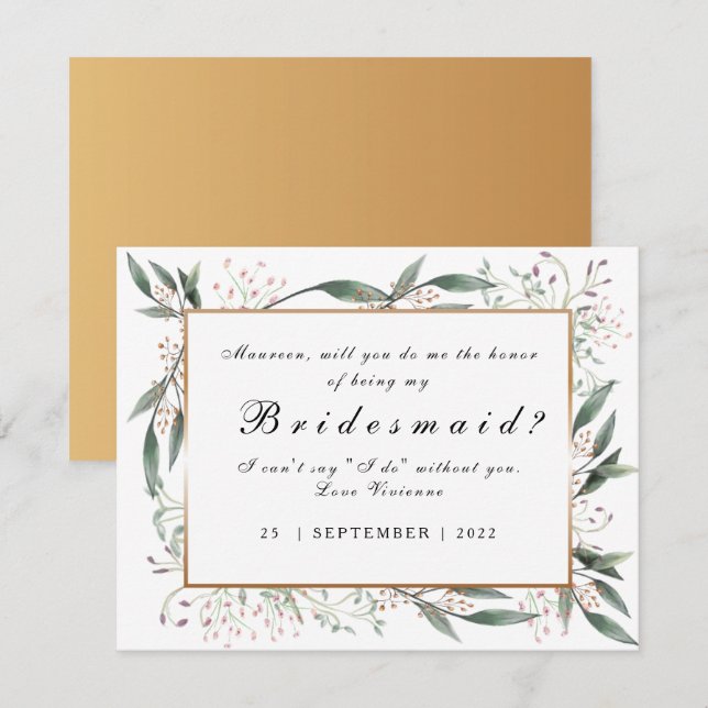 Invitación Be My Bridesmaid elegante oro de hoja verde (Anverso / Reverso)