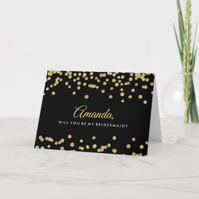 Invitación Be My Bridesmaid Gold Faux Purpurina Confetti Blac (Anverso)