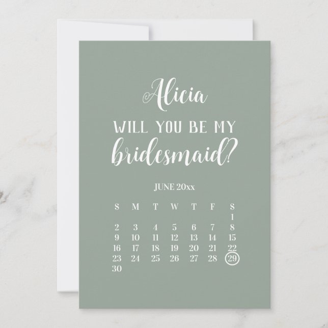 Invitación Be My Bridesmaid Sage Green Calendar Propuesta (Anverso)