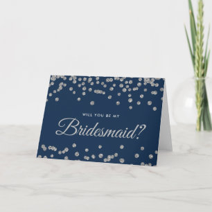 Invitación Be My Bridesmaid Silver Purpurina Confetti Naval A