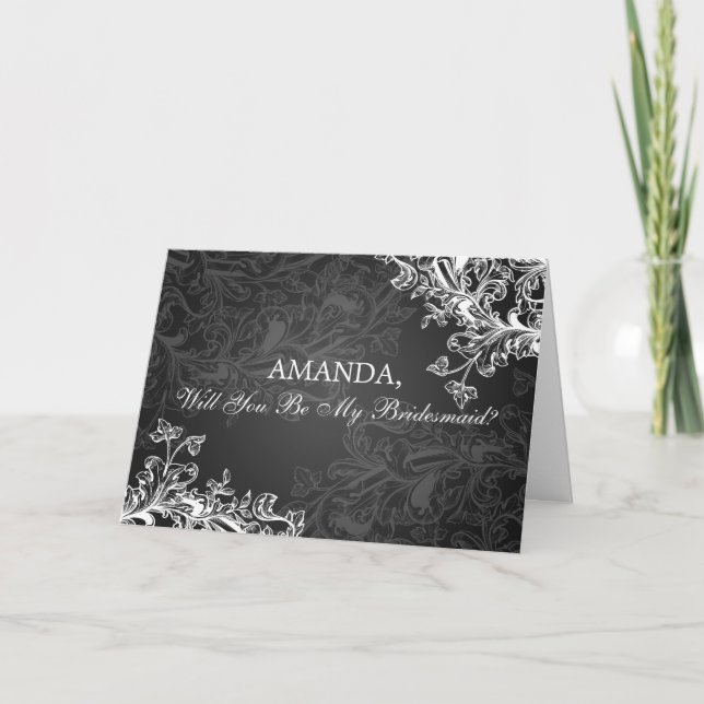 Invitación Be My Bridesmaid Vintage Swirls Black (Anverso)