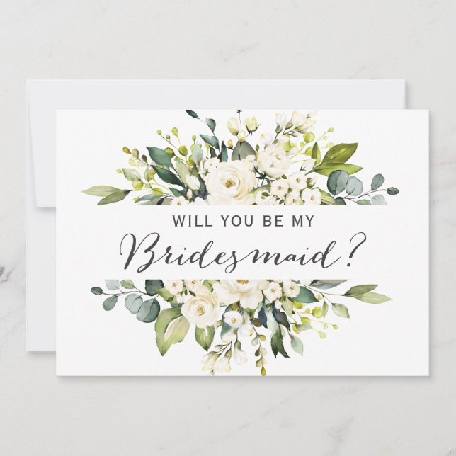 Invitación Be My Bridesmaid White Roses Floral Bouquet (Anverso)