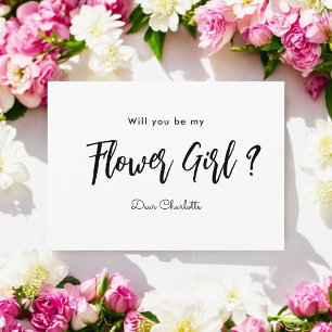 Invitación Be My Flower Girl Black White Script