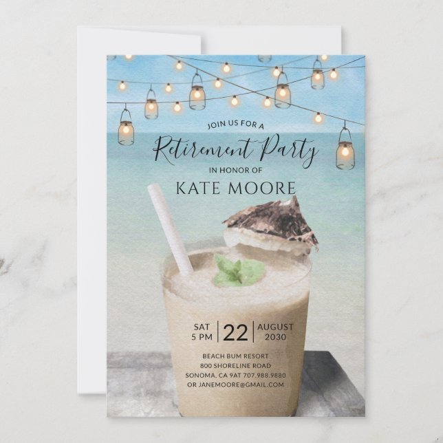 Invitación Beach And Coctail String Lights Retirement Fiesta (Anverso)