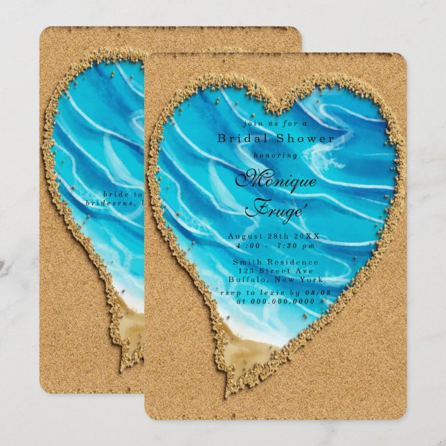 Invitación Beach and Sand Heart Bridal Shower (Anverso / Reverso)