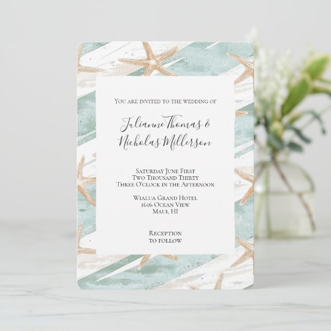 Invitación Beach Aqua Mint Starfish Stripes Boda (Anverso de pie)