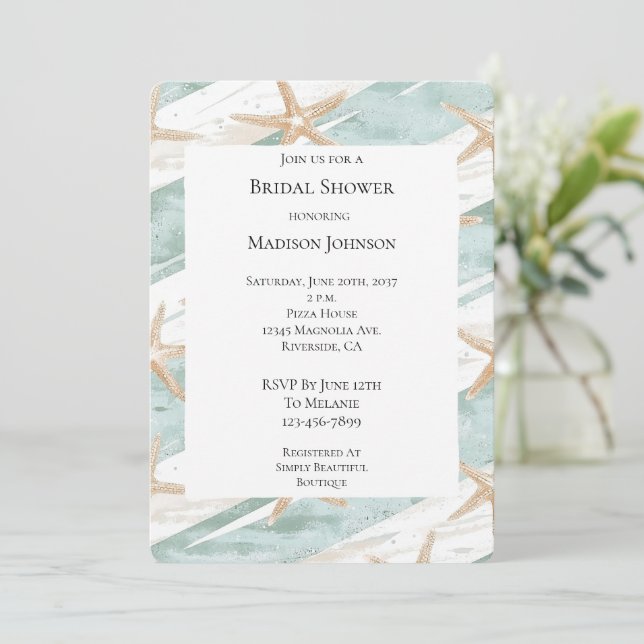 Invitación Beach Aqua Mint Starfish Stripes Bridal Shower (Anverso de pie)