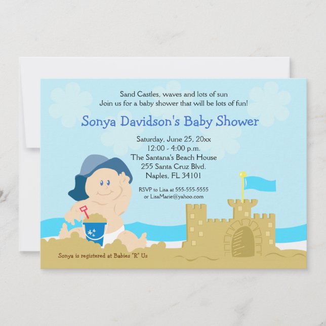 Invitación Beach Baby Sand Castle Boy Baby Shower 5x7 (Anverso)