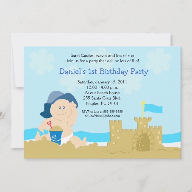 Invitación Beach Baby Sand Castle Boy fiesta de cumpleaños 5x (Anverso)