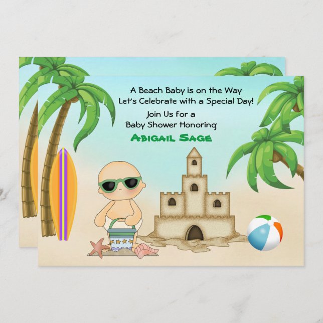 Invitación Beach Baby Sandcastle y Surfboard Baby Shower (Anverso / Reverso)