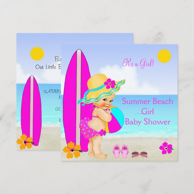 Invitación Beach Baby Shower Chica Blue Sunhat rosado Verde a (Anverso / Reverso)