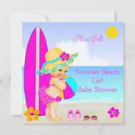 Invitación Beach Baby Shower Chica Blue Sunhat rosado Verde a