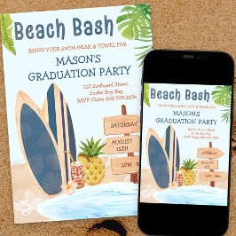Invitación Beach Bash Graduation Party Surfboard
