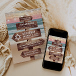 Invitación Beach Bat Mitzvah | Estrella de David<br><div class="desc">Invitaciones a la mitzvah con murciélago con temática oceánica,  con una playa de arena con puesta de sol exuberante,  luces de cuerdas y tu texto escrito en una señalización rústica de madera.</div>