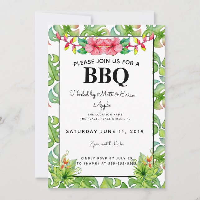 Invitación Beach BBBQ Fiesta, barbacoa de hojas tropicales (Anverso)