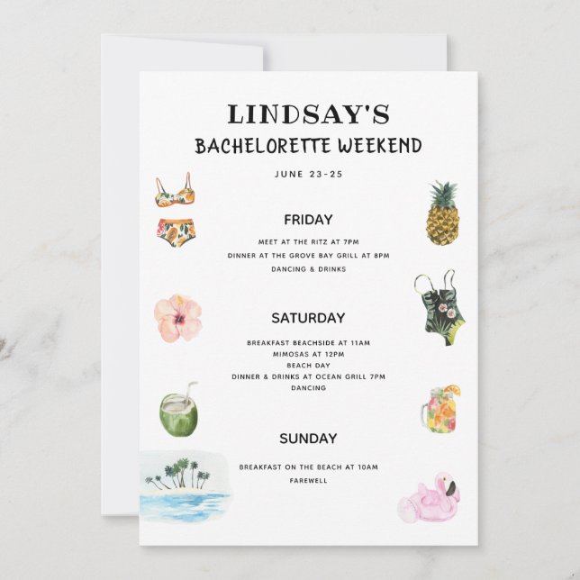 Invitación Beach Bikini Bachelorette Itinerary (Anverso)