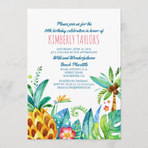 Invitación Beach Birday Party Tropical Pineapple Palms