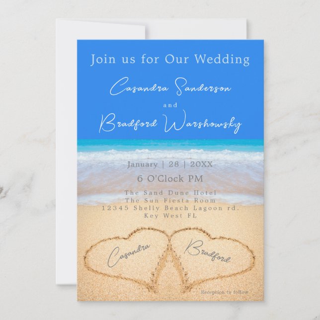 Invitación Beach Blue 2 Hearts in the Sand Boda (Anverso)
