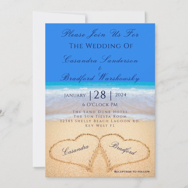 Invitación Beach Blue 2 Hearts in the Sand Boda (Anverso)