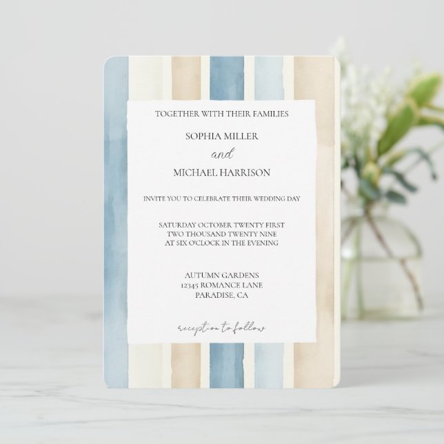 Invitación Beach Blue Ivory Cream Sand Stripes Wedding (Anverso de pie)