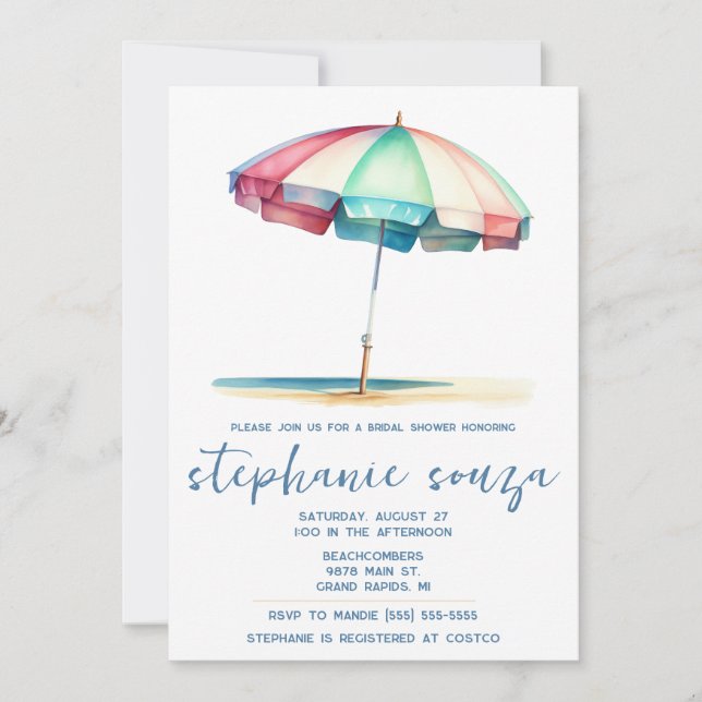 Invitación Beach, Blue, Red, Teal Umbrella, Bridal Shower (Anverso)