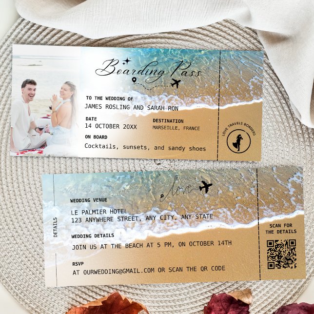 Invitación Beach Boarding Pass Wedding Destination QR code In (Subido por el creador)