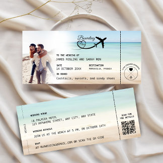 Invitación Beach Boarding Pass Wedding Invitation with QR Cod