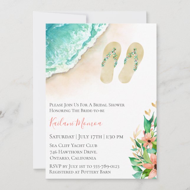 Invitación Beach Botanical Flip Flops Bridal Shower (Anverso)
