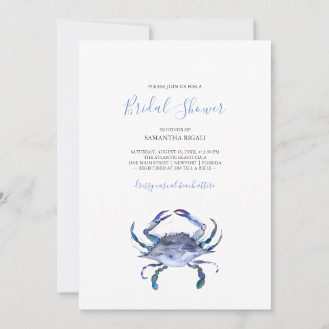 Invitación Beach Bridal Shower Invitations Watercolor Crab (Anverso)