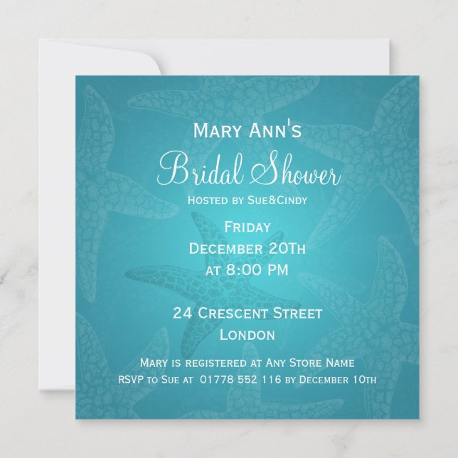 Invitación Beach Bridal Shower Starfish Blue (Reverso)
