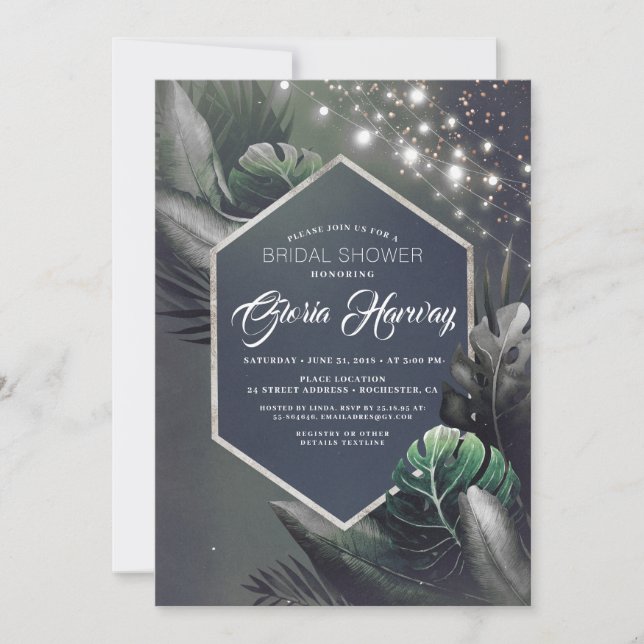 Invitación Beach Bridal Shower Tropical Silver Palmeras (Anverso)