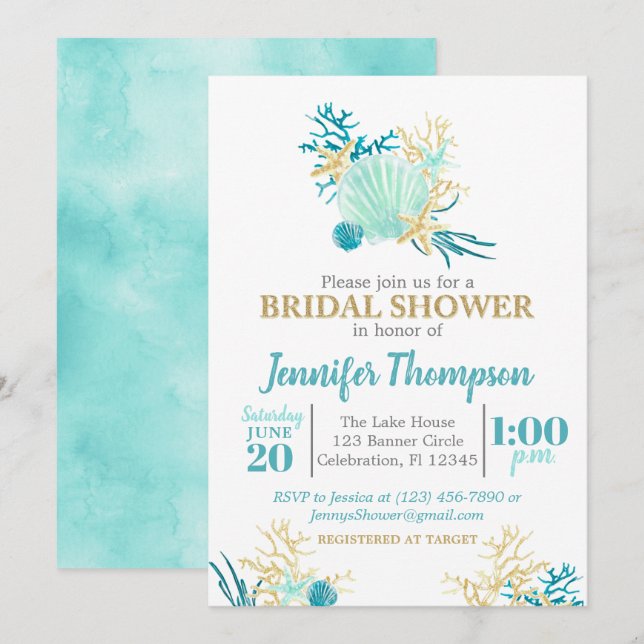 Invitación Beach Bridal Shower Verde azulada y acuarela dorad (Anverso / Reverso)