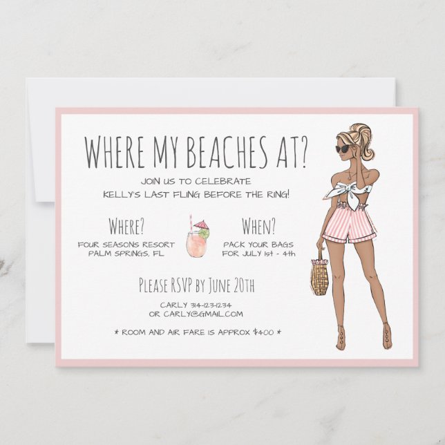Invitación Beach Bride Bachelorette Party Itinerario Fin de S (Anverso)