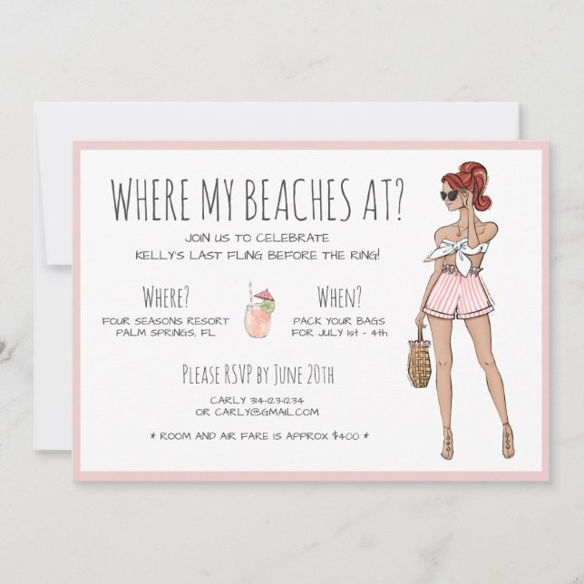 Invitación Beach Bride Bachelorette Party Itinerario Fin de S (Anverso)