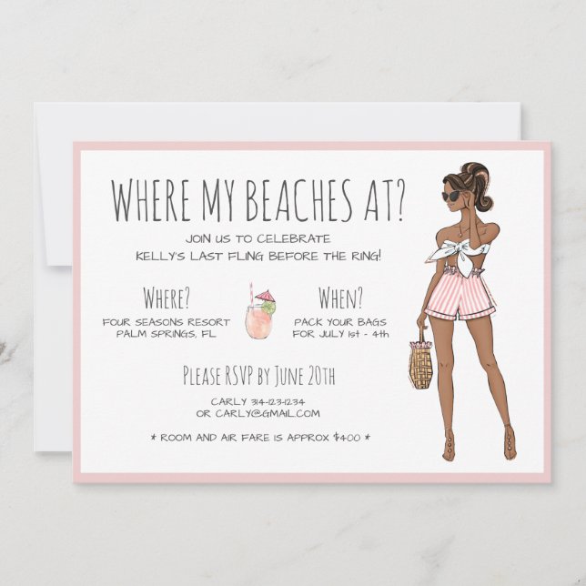Invitación Beach Bride Bachelorette Party Itinerario Fin de S (Anverso)
