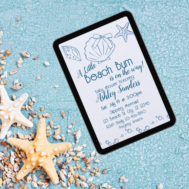 Invitación Beach Bum on the Way, Blue Seashells Baby Shower (Subido por el creador)