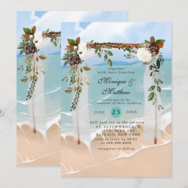 Invitación Beach Canopy Floral Tropical Moderno Boda (Anverso / Reverso)