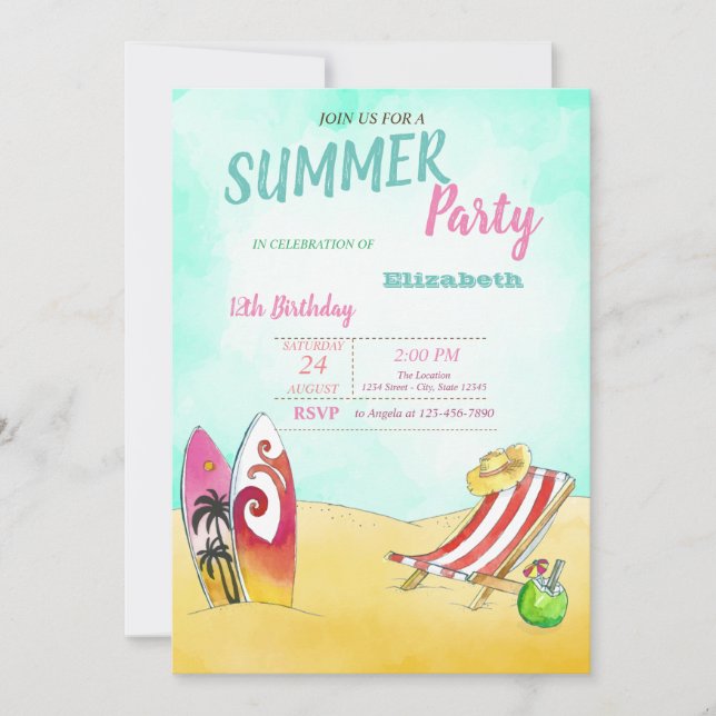 Invitación Beach Chair,Surfing Birday Party (Anverso)